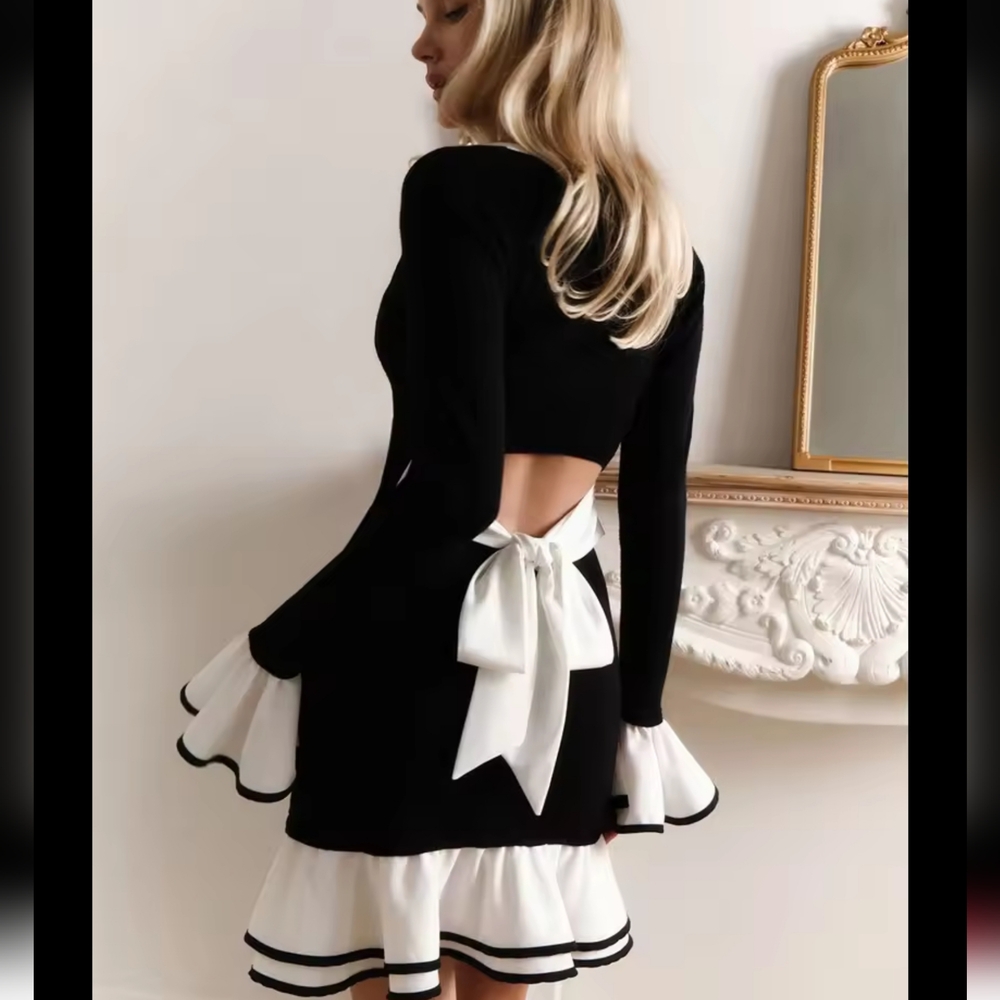Backless Tee Bow Mini Dress Female Slim High Waist Fashion Elegant Party Dress - Picture 2 of 7